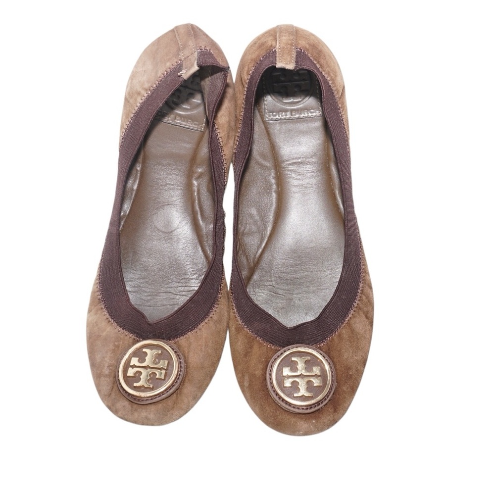 Tory Burch Elastic Logo Caroline Brown Suede Ballerina Ballet Flats, Size 8
